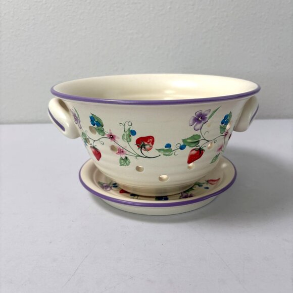 Strawberry Blueberry Fruit Flower Ceramic Colander with Tray Cottage Farmhouse - Picture 6 of 11